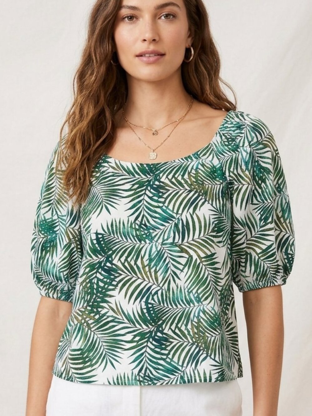 LOFT Green Palm Leaf Print Square Neck Puff Sleeve Blouse Size M